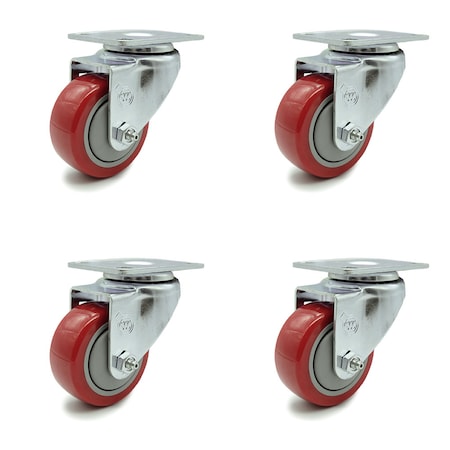 Service Caster 3 Inch Red Polyurethane Wheel Swivel Top Plate Caster Set SCC-20S314-PPUB-RED-4